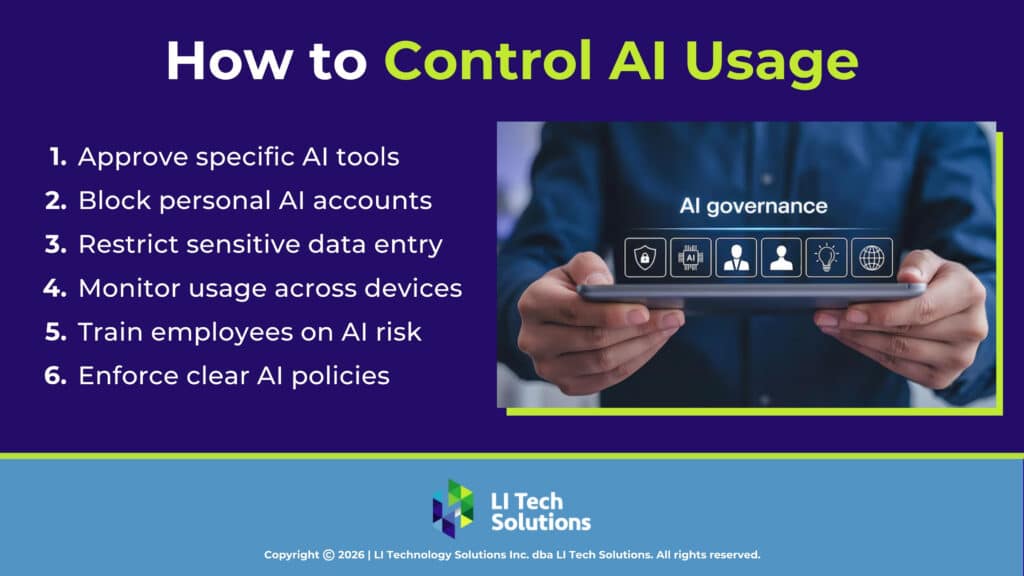 Person holds a tablet displaying a digital interface labeled AI Governance, with icons. Six ways to control AI usage in a business.