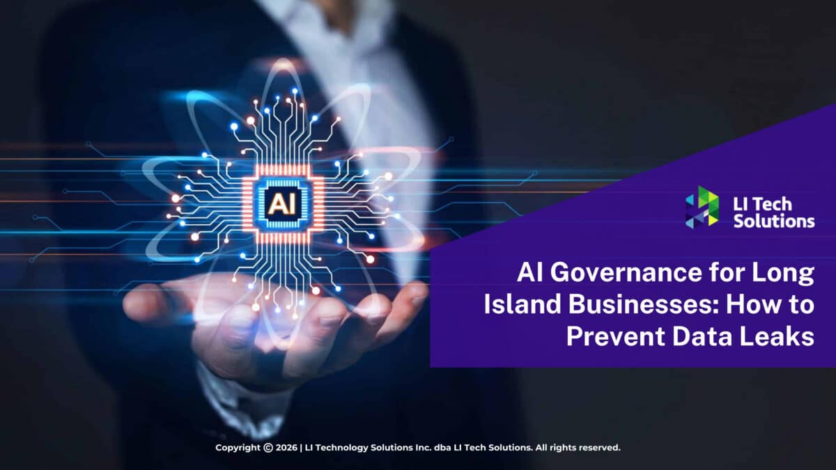 AI governance for business concept. Person holding a glowing AI chip & circuit-like graph. Article title.