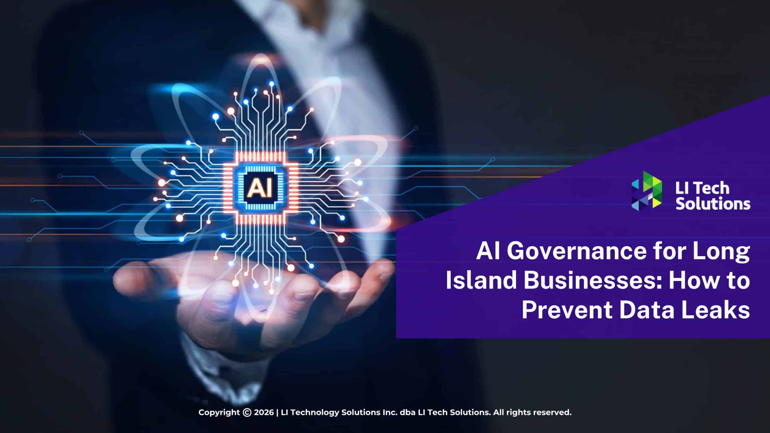 AI governance for business concept. Person holding a glowing AI chip & circuit-like graph. Article title.