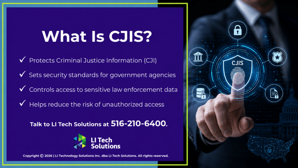 Holographic CJIS cybersecurity dashboard with fingerprint shield. 4 functions of CJIS listed.