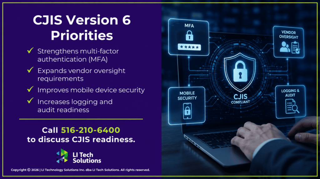 Laptop displays CJIS compliance interface. CJIS Version 6 priorities listed.