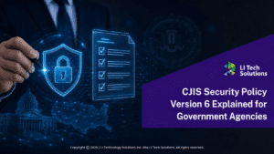 Business professional interacts with cybersecurity interface with US governmental security graphics. CJIS Security Policy Version 6 Explained for Government Agencies.