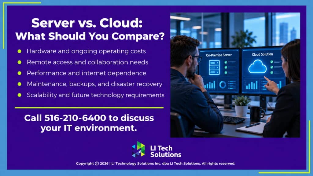 Two professionals compare on-premise server & cloud solution on dual monitors. Server vs. cloud: 5 things to compare.