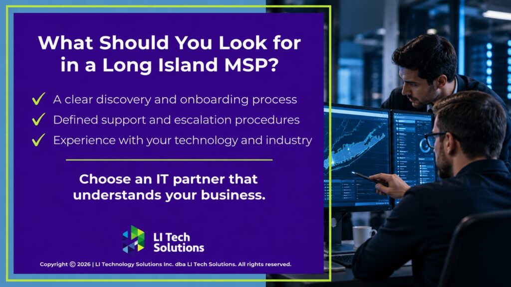 Two technicians analyze a Long Island network dashboard. Three criteria to look for in a Long Island MSP.