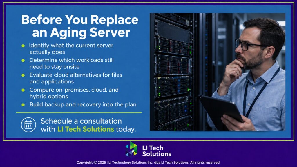 IT specialist evaluates aging server. 5 factors before replacing an aging server.
