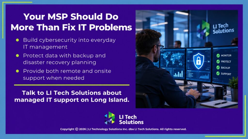 IT specialist monitors cybersecurity, backup & support systems. Three functions of a MSP provider.