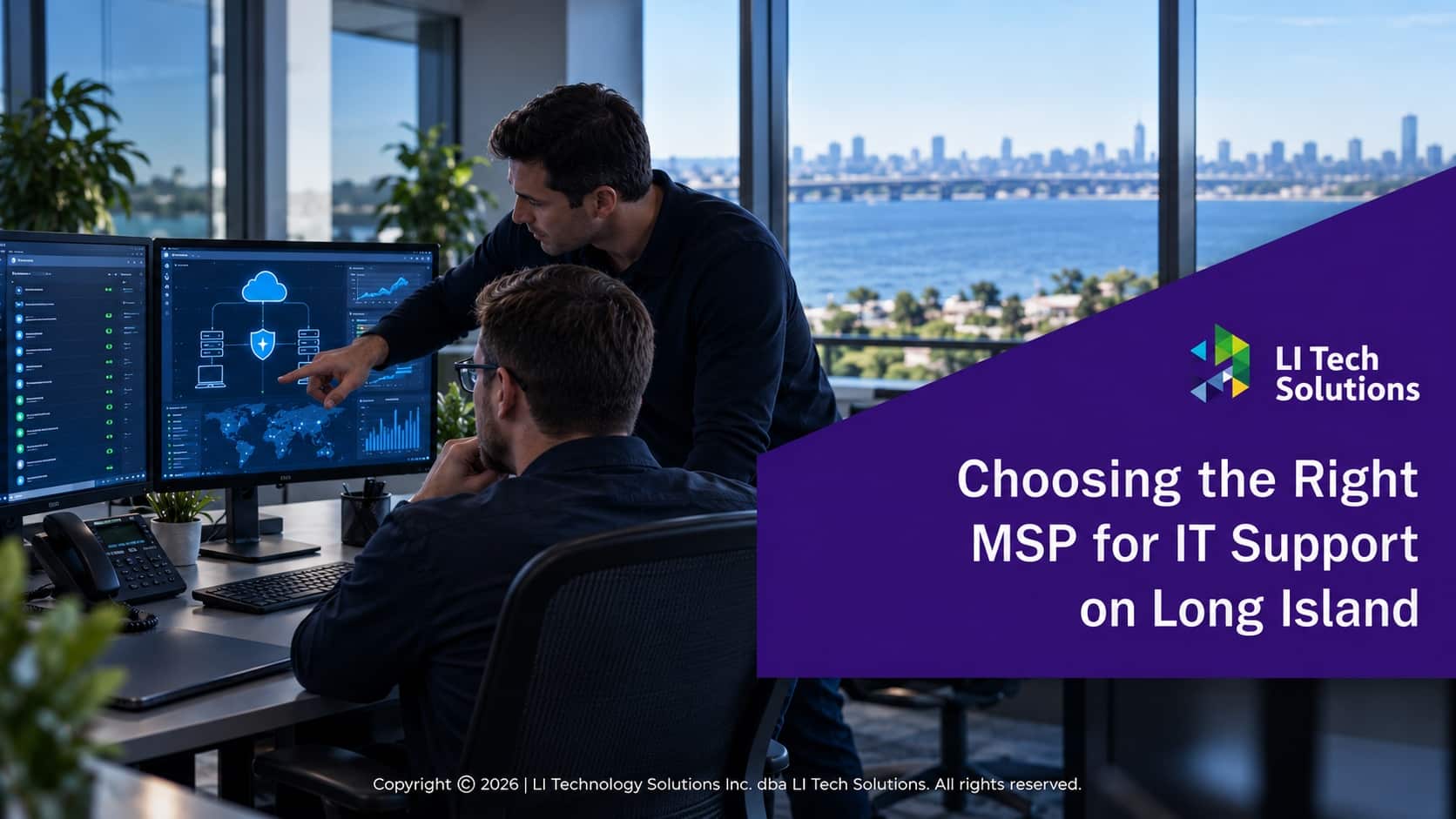 IT operations center with MSP support specialist. Choosing the Right MSP for IT Support on Long Island. Blog title.