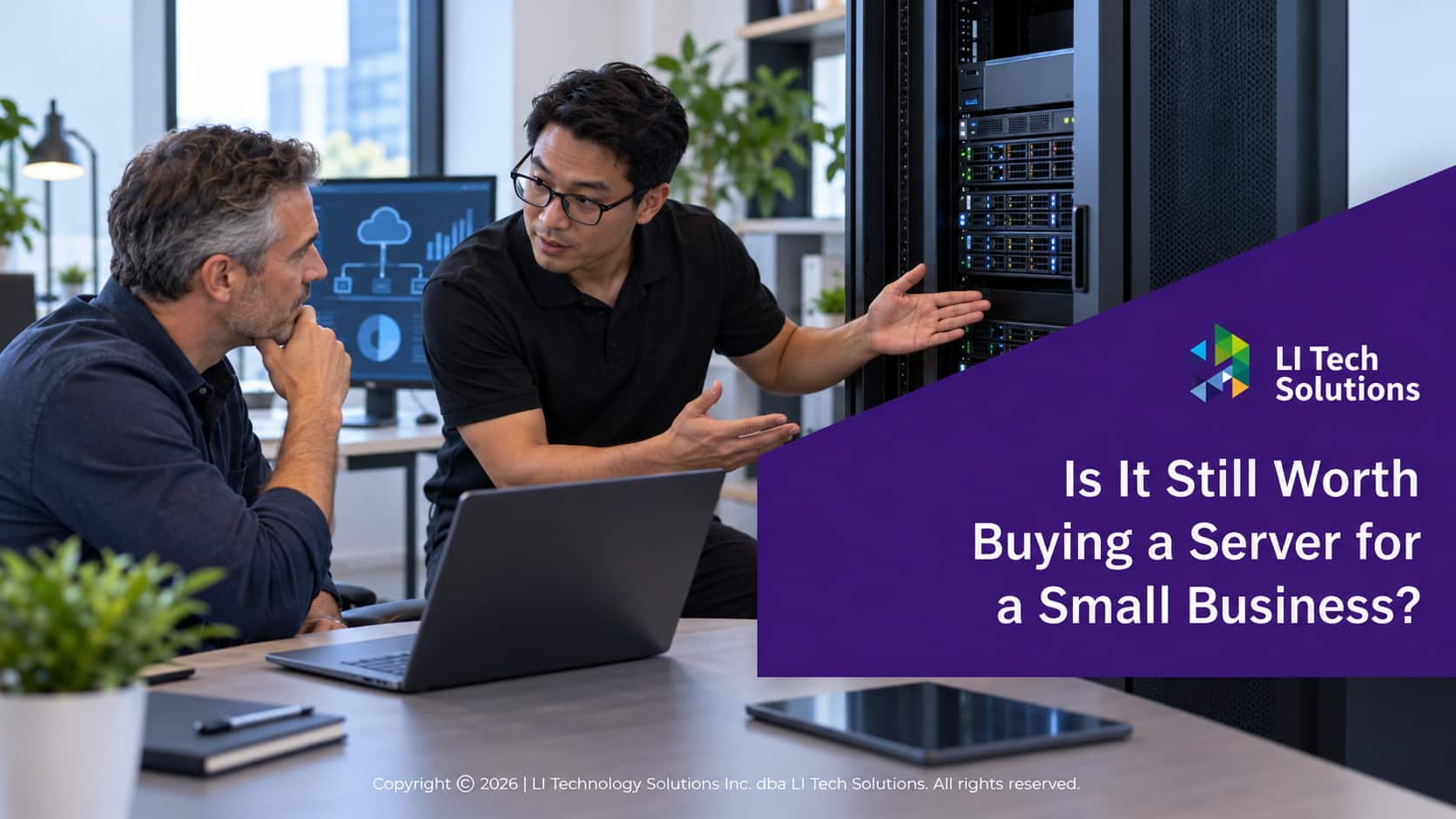 IT consultant discussing whether buying a server is worth it. Is It Still Worth Buying a Server for a Small Business. Blog title.